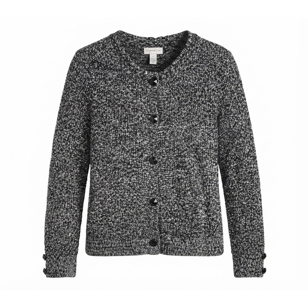Charter Club Womens Petite Size P/P Cardigan Knit Grey Black 3 Button Front